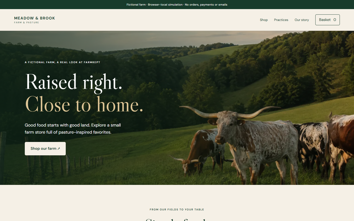 Meadow & Brook, a fictional FarmKept storefront with a browser-local basket simulation.